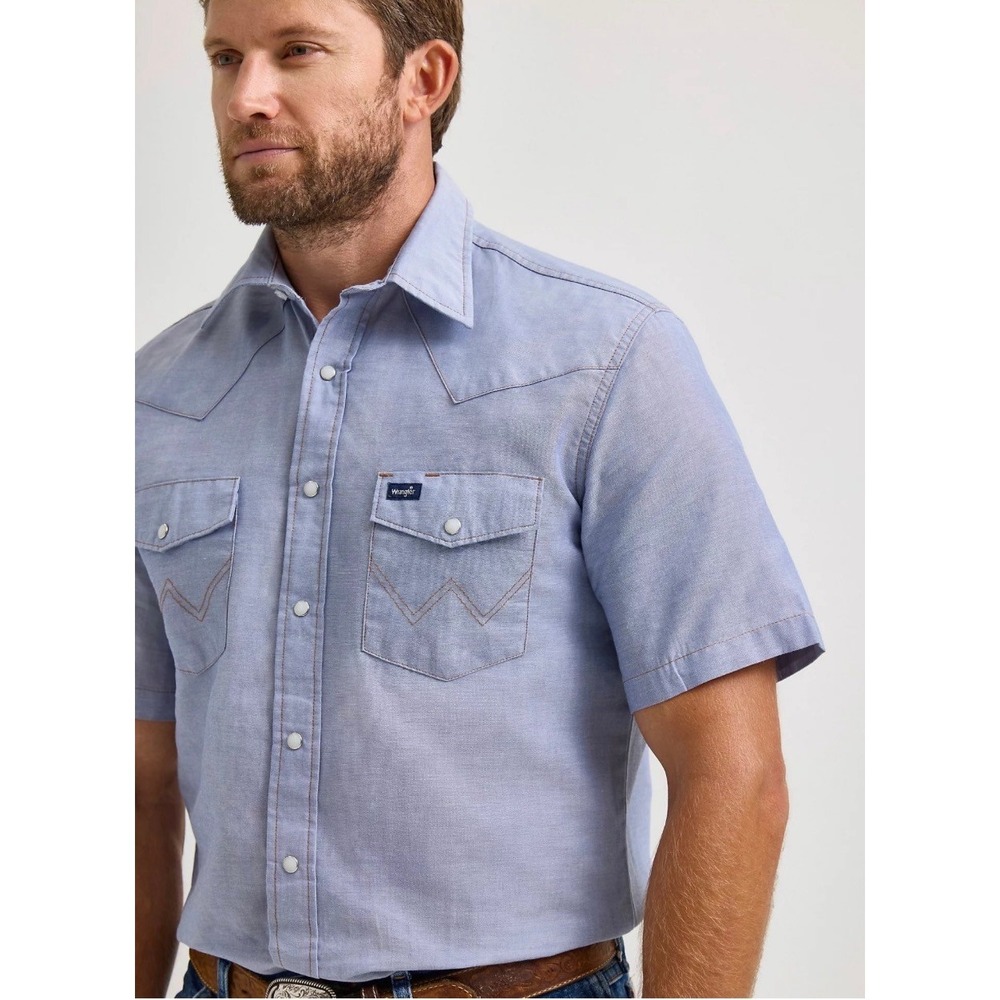 Wrangler Mens Western Pearl Snap Short Sleeve Shirt Light Blue Made in USA